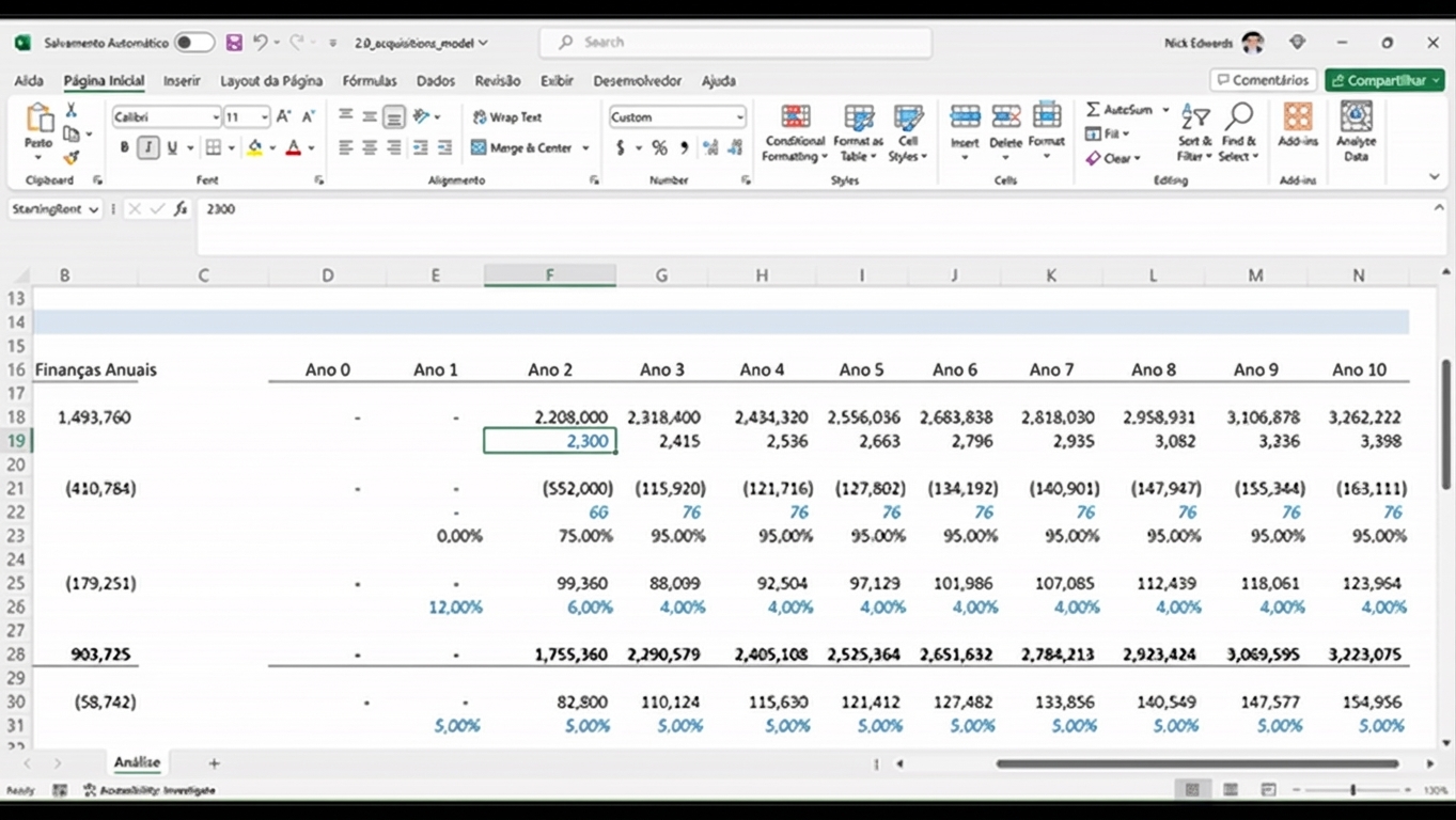 Gif mostrando mudanças nos inputs de um modelo financeiro e como afetam os outputs