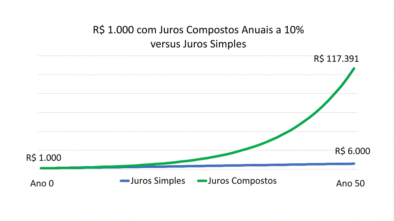 gráfico mostrando a diferença entre US$ 1000 com composição anual versus sem compor por 50 anos