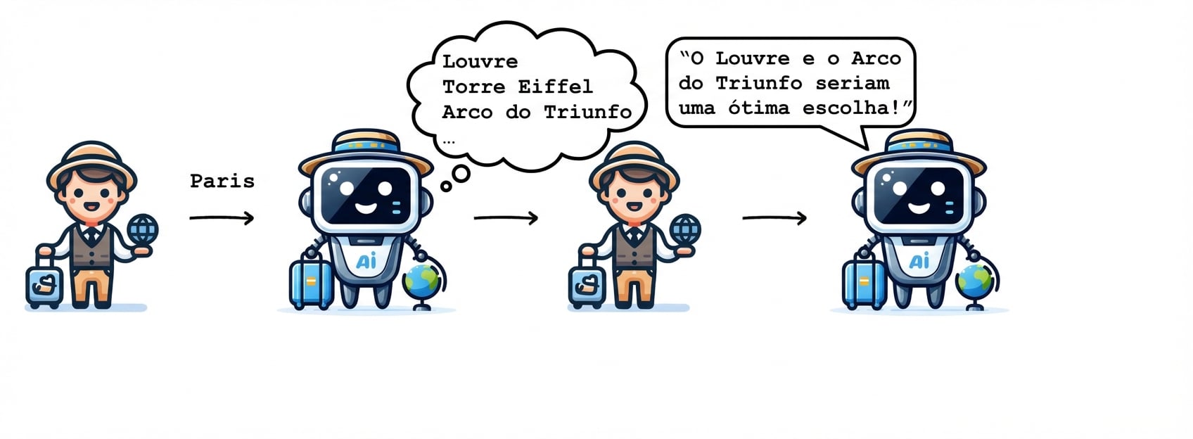 A pessoa diz ao guia de IA que quer ver o Louvre e o Arco do Triunfo.