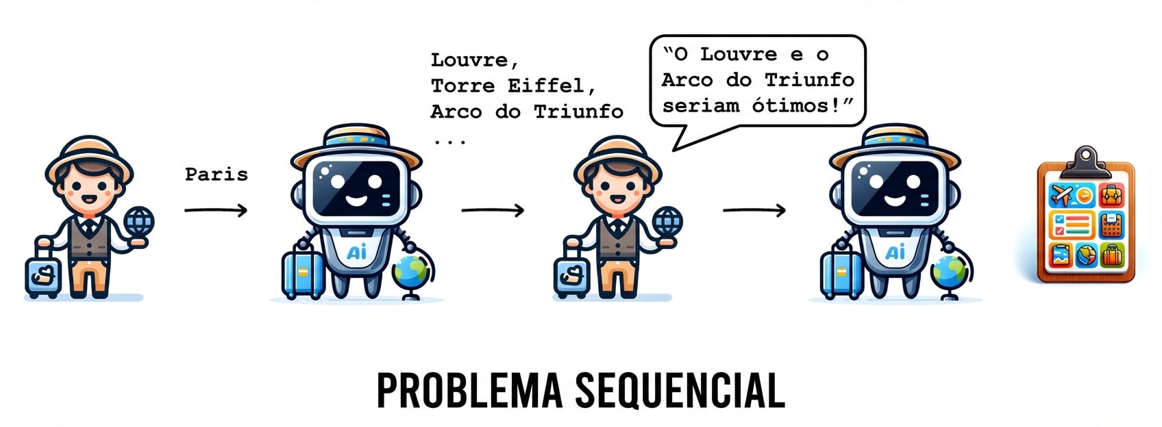 Esse fluxo de trabalho de itinerário de viagem é um exemplo de problema sequencial.