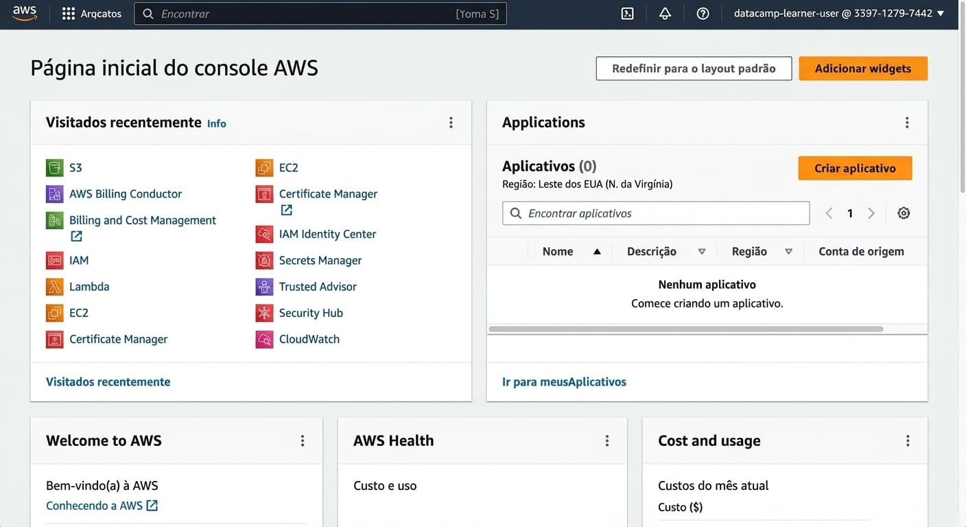Página inicial da AWS no sandbox