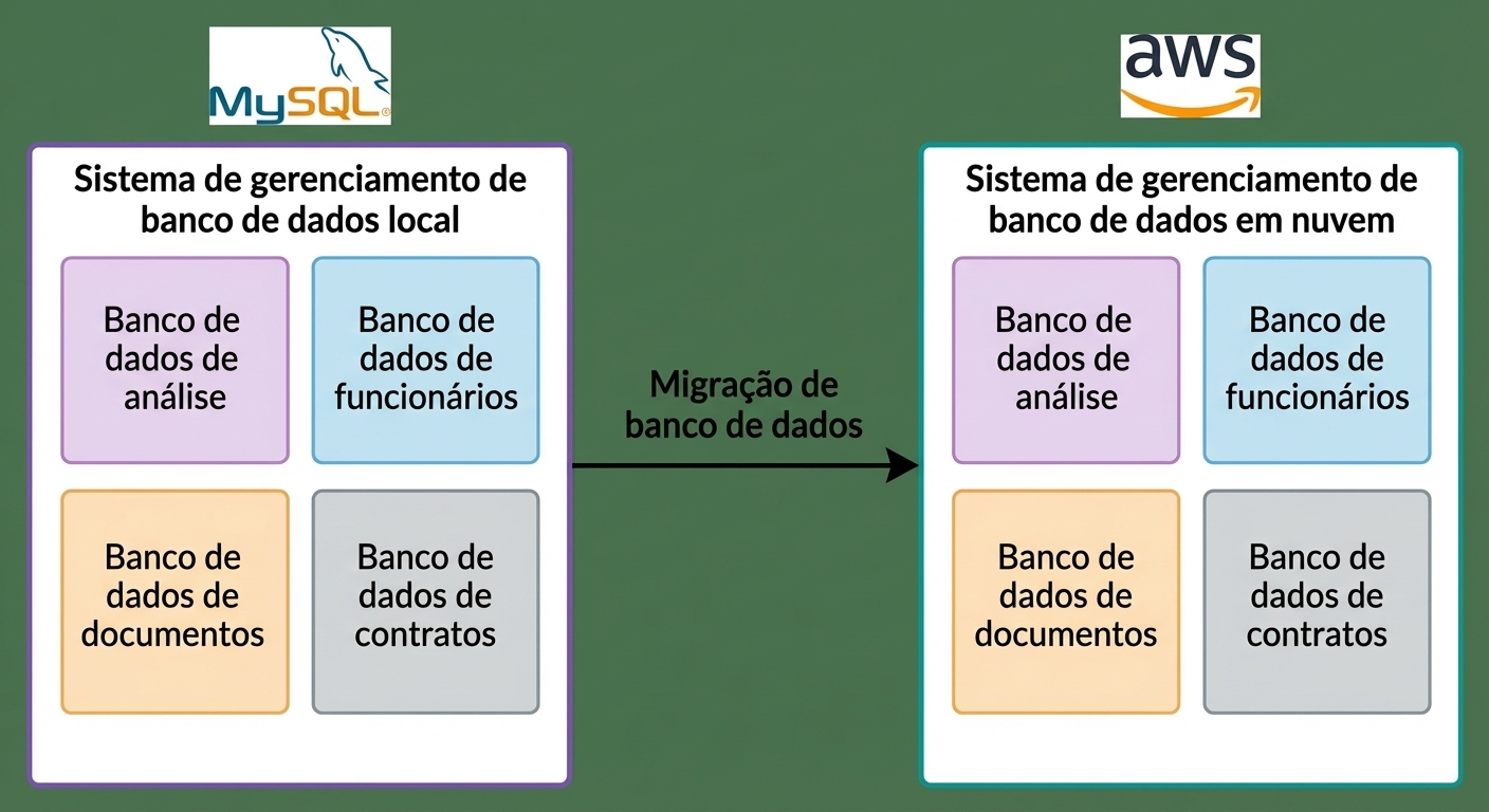 Um diagrama de fluxo explicando a movimentação de bancos de dados do ambiente local para a AWS.