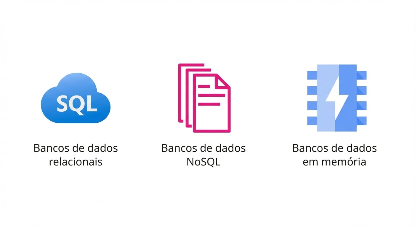 Ícones mostrando bancos relacionais, NoSQL e baseados em memória.