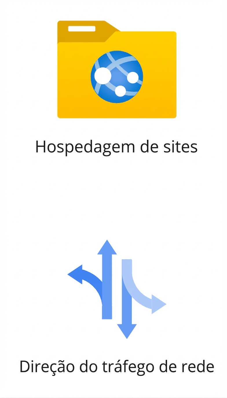 Dois ícones mostrando hospedagem de sites e direcionamento de tráfego.