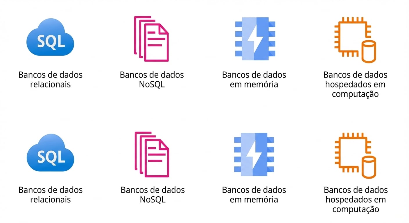 Ícones mostrando bancos relacionais, NoSQL, baseados em memória e hospedados em computação.