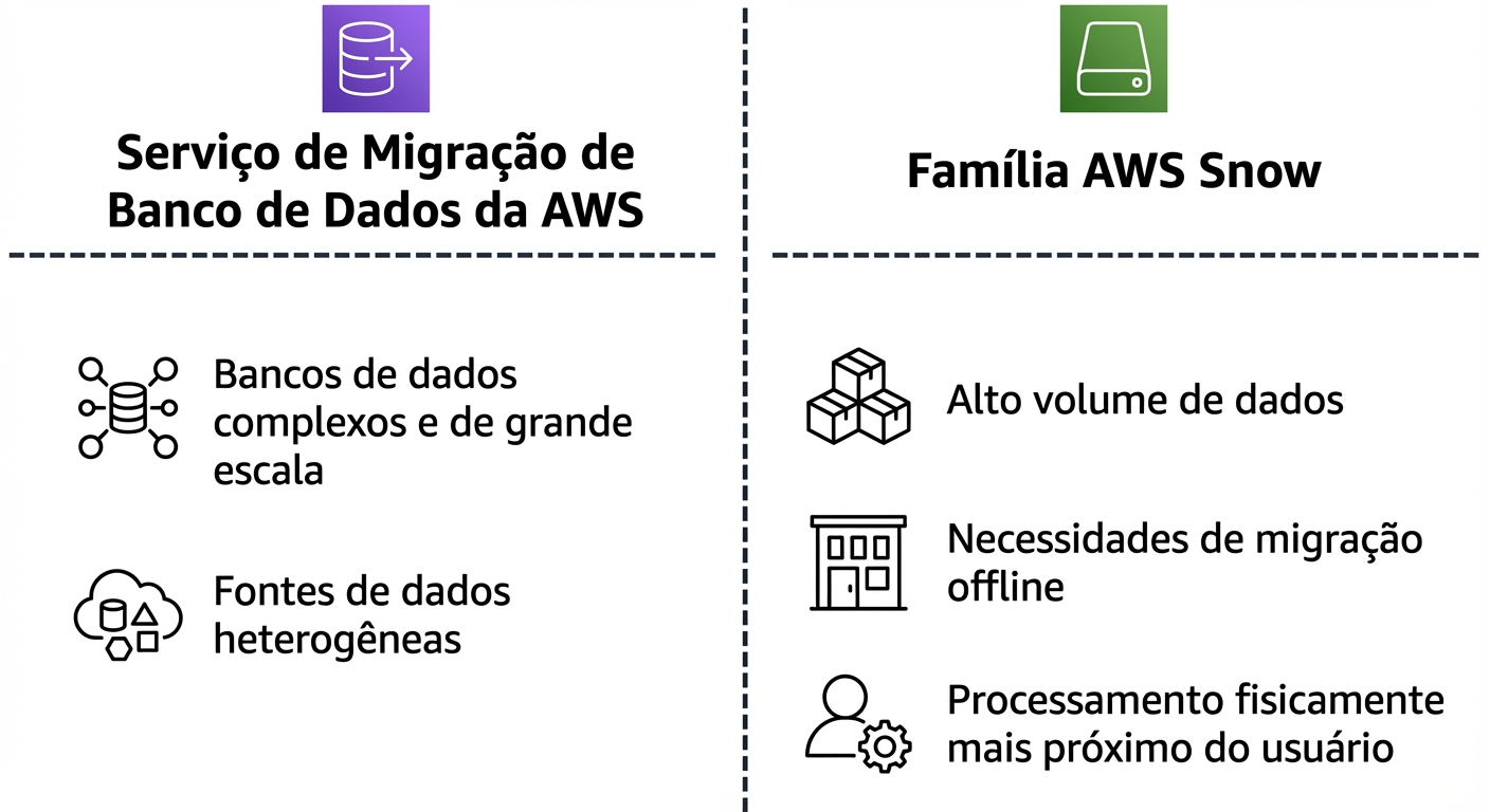 Uma lista tabular de ícones mostrando recursos do AWS Database Migration Service e da AWS Snow Family.