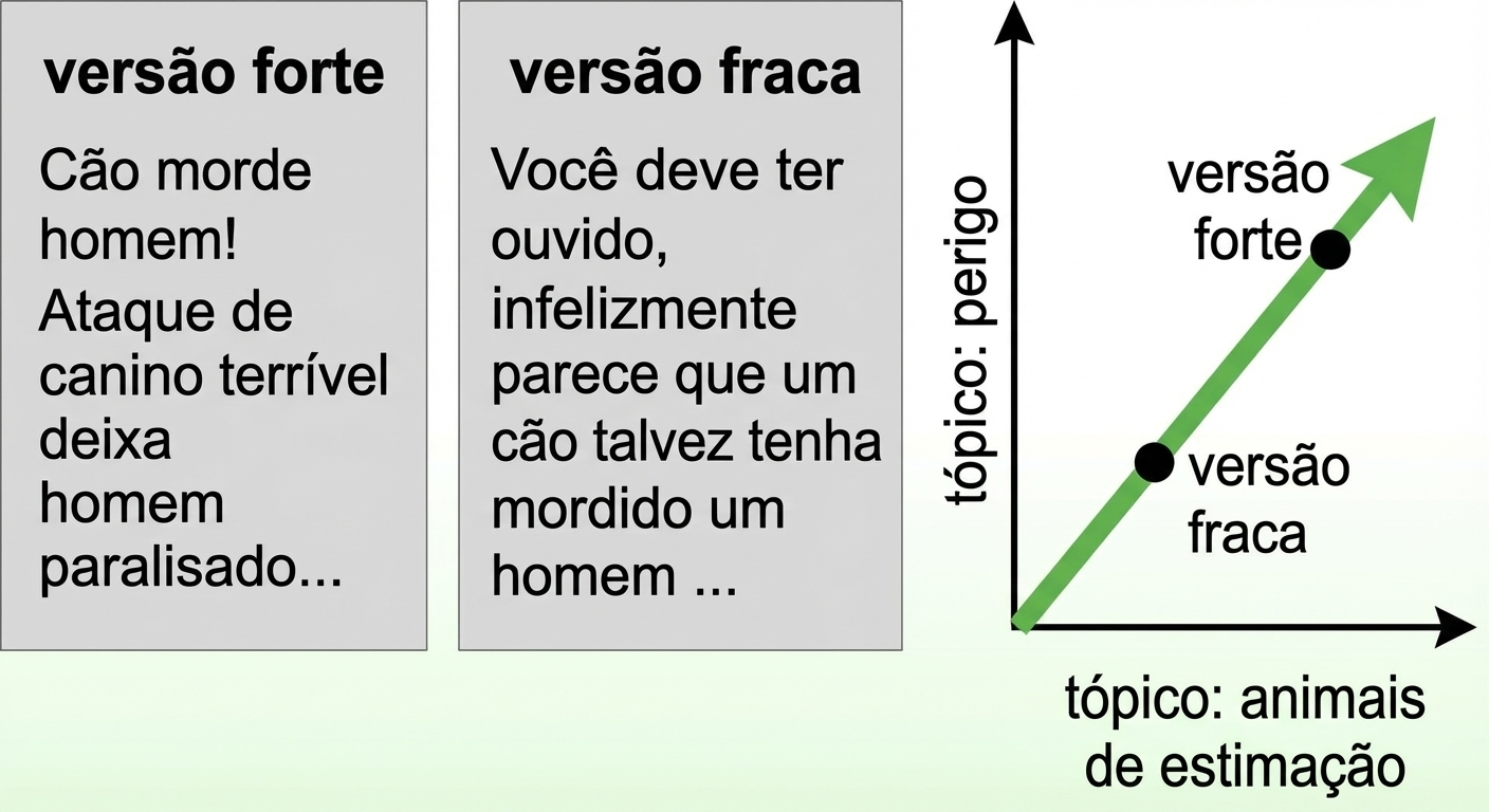Dispersão: tópico pets vs. tópico perigo, com versões forte e fraca na mesma linha pela origem