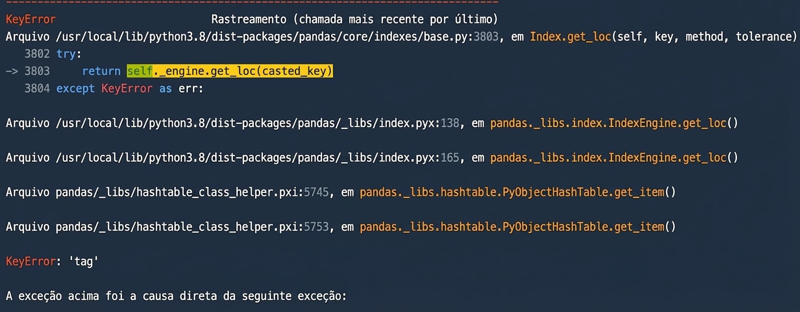 Traceback mostrando o arquivo que gerou o erro na execução e o tipo KeyError