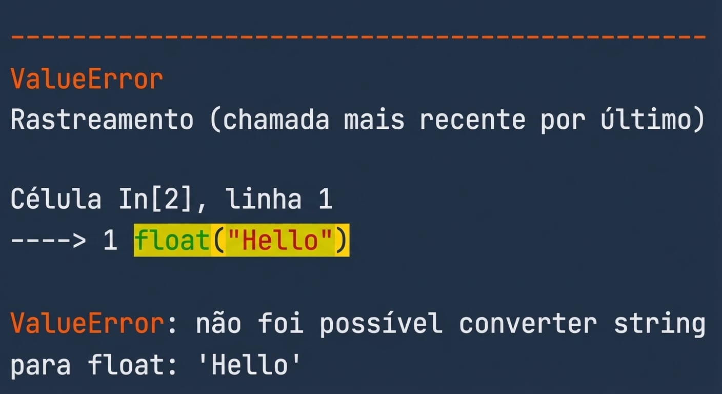 Saída ValueError confirmando que a string 'Hello' não pode ser convertida para float