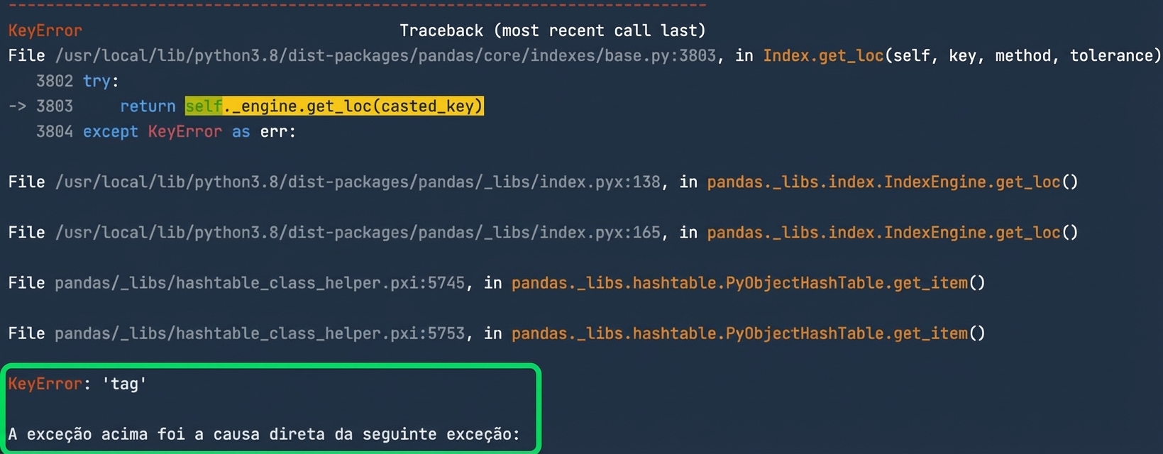Traceback com KeyError destacado