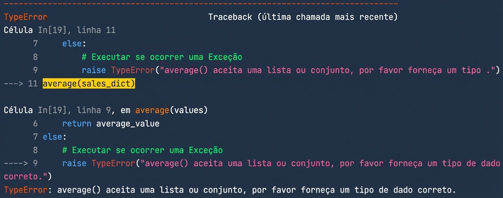 Saída de TypeError mostrando a mensagem personalizada para fornecer o tipo de dado correto