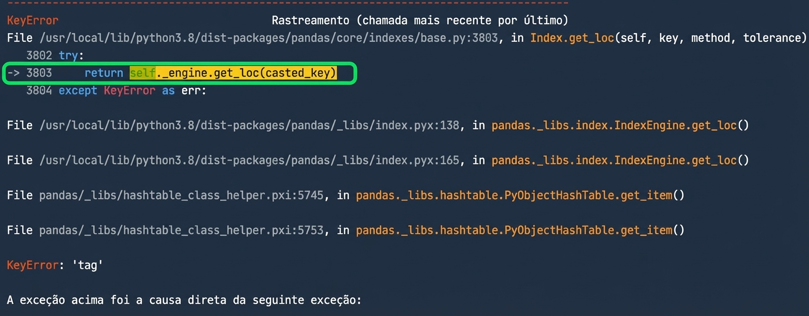 Traceback com a linha 3803 destacada
