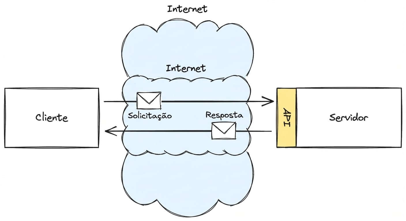 Um diagrama mostrando a interação cliente-servidor pela internet via uma API, com mensagens de requisição e resposta.