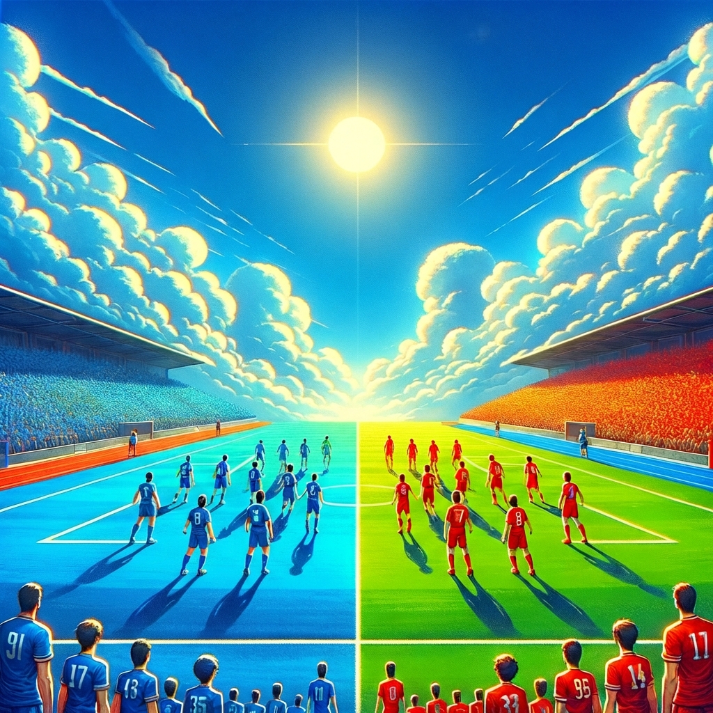 Uma imagem de times de futebol vermelho e azul jogando um contra o outro
