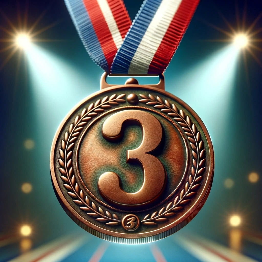 Uma foto de uma medalha de bronze com o número 3