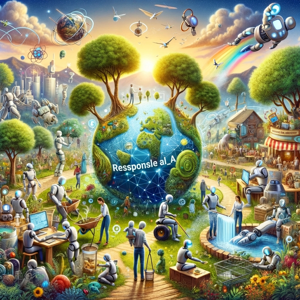 Uma imagem de um mundo colorido onde pessoas e robôs vivem pacificamente juntos