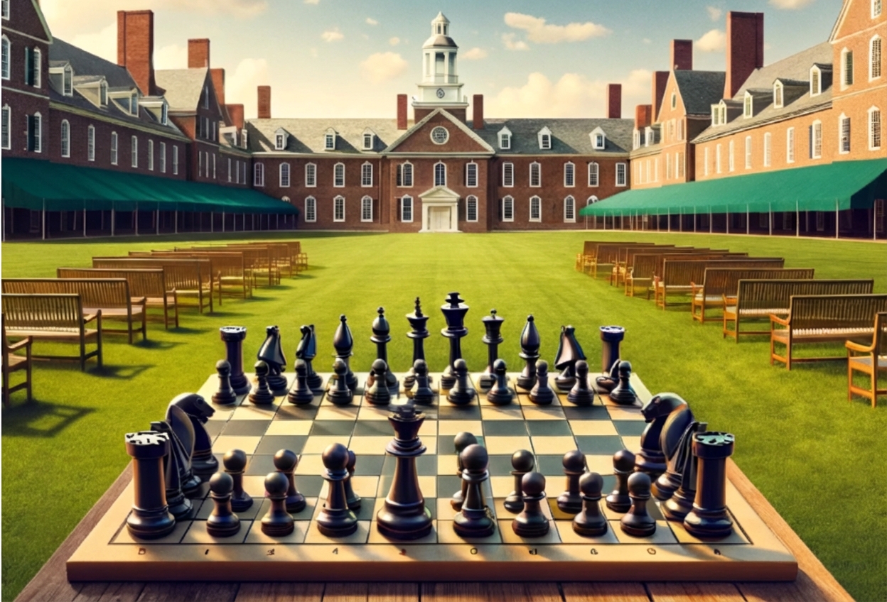 Uma imagem do gramado da faculdade de Dartmouth e um tabuleiro de xadrez colocado sobre ele