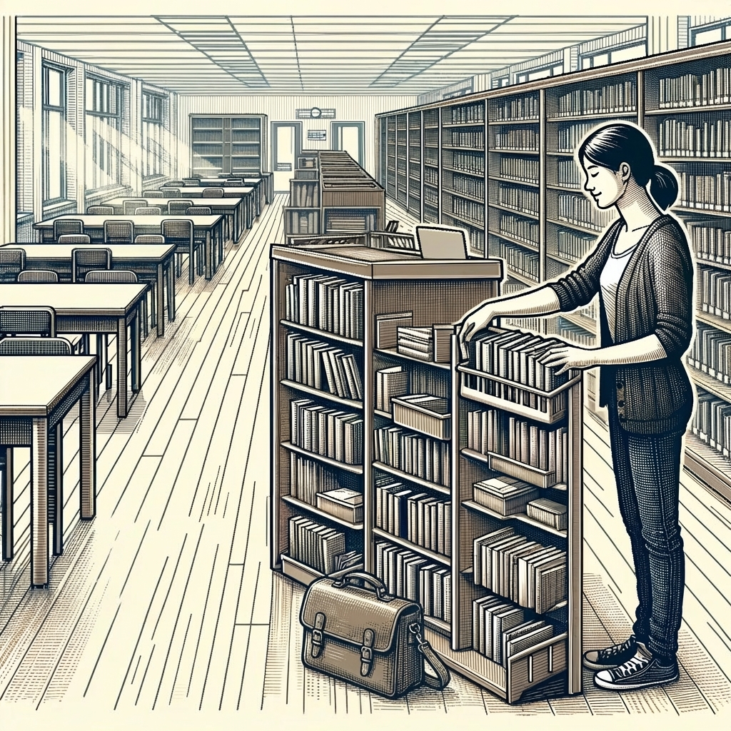 Imagem de uma bibliotecária organizando livros na biblioteca