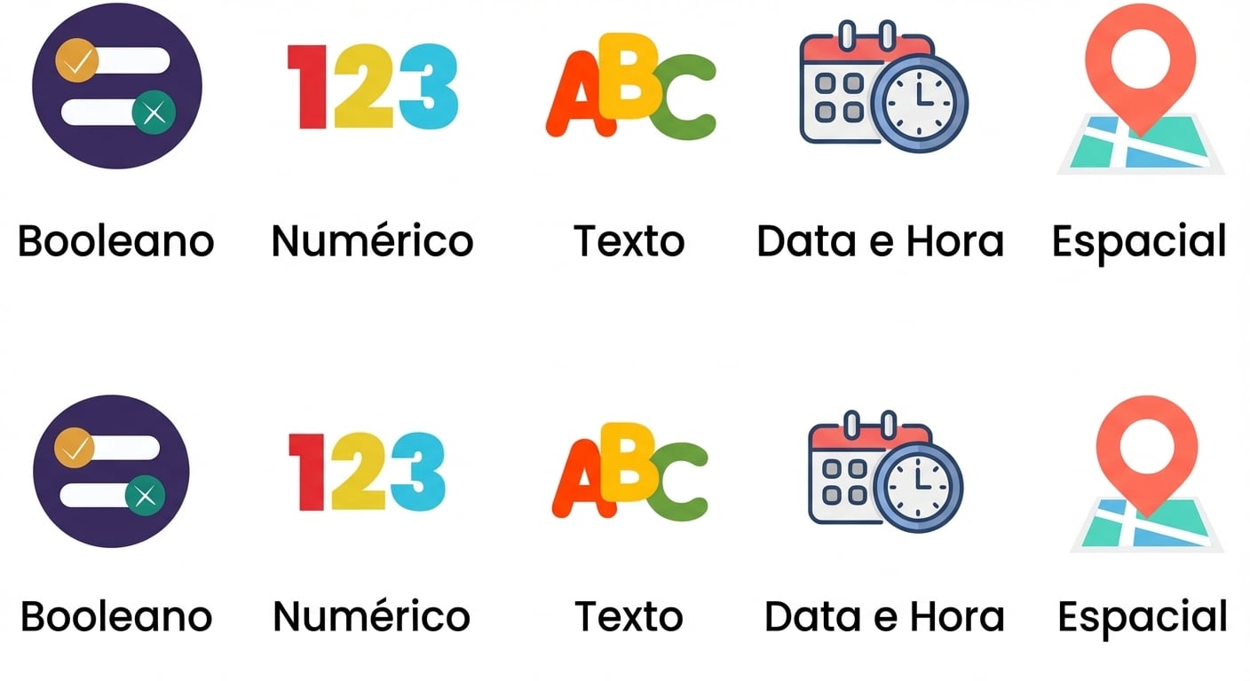 Todos os cinco tipos de dados usados no Alteryx