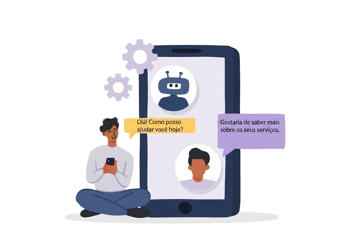 Uma ilustração de um cliente conversando com um bot de suporte