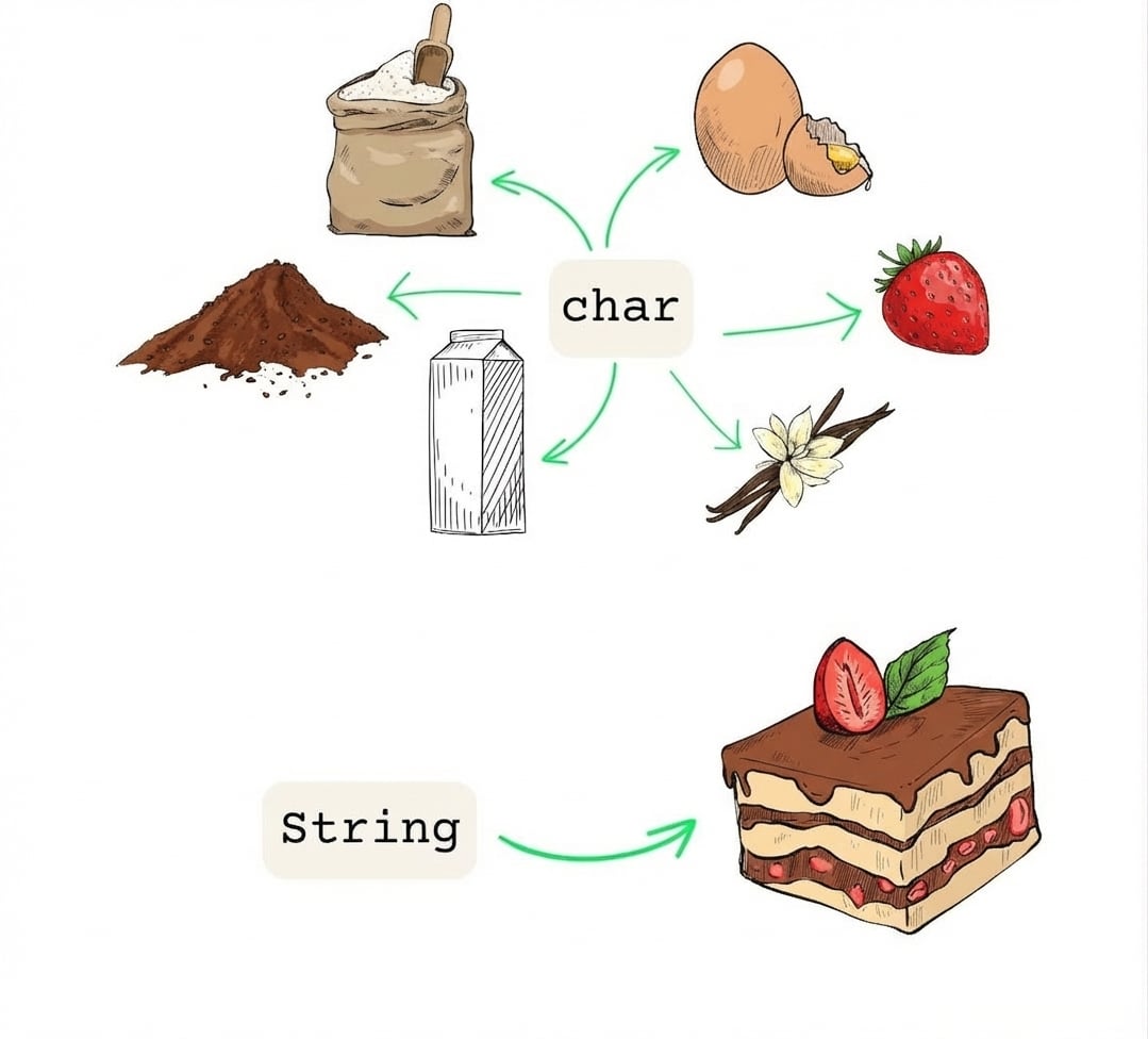 Primitivos são como ingredientes; uma String é a refeição feita com eles