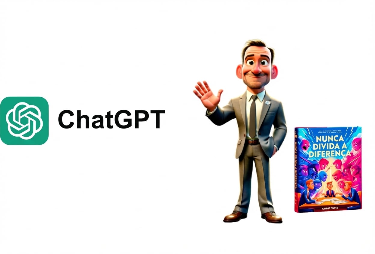 A imagem mostra o logo do ChatGPT, um homem de terno acenando e o livro "Never Split the Difference."