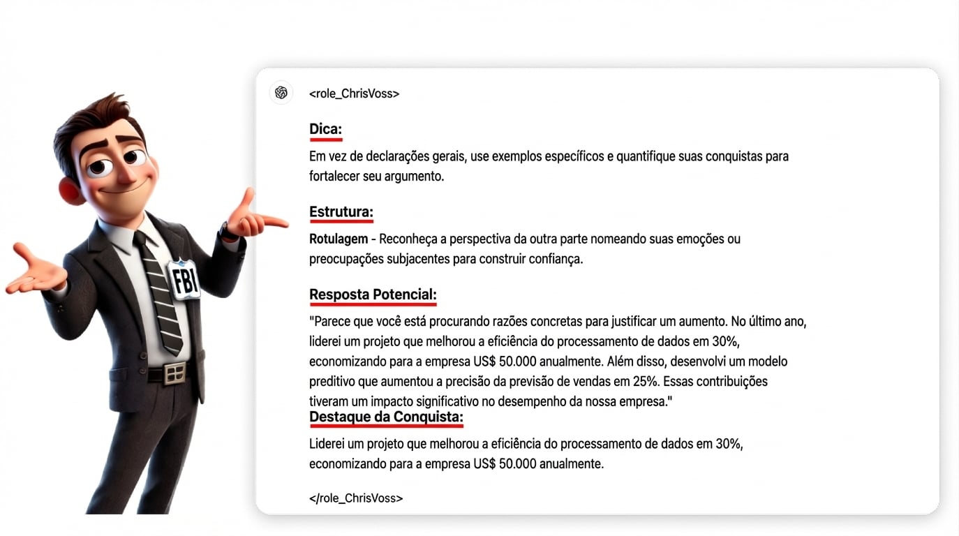 A imagem mostra um personagem de terno do FBI apontando para uma resposta de prompt estruturada