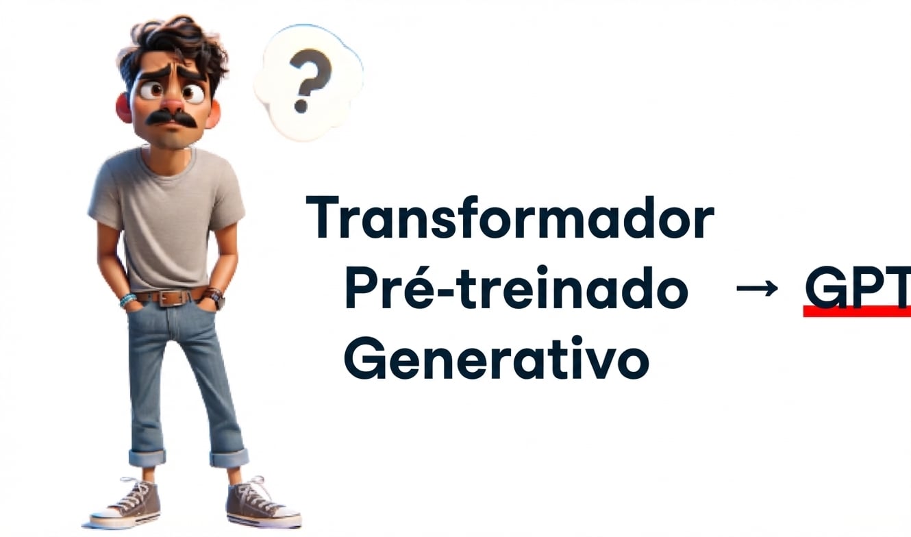 Uma ilustração mostra um homem confuso com um ponto de interrogação acima da cabeça. À direita, o texto 'Generative Pre-trained Transformer' aparece, com uma seta apontando para 'GPT' em negrito e sublinhado