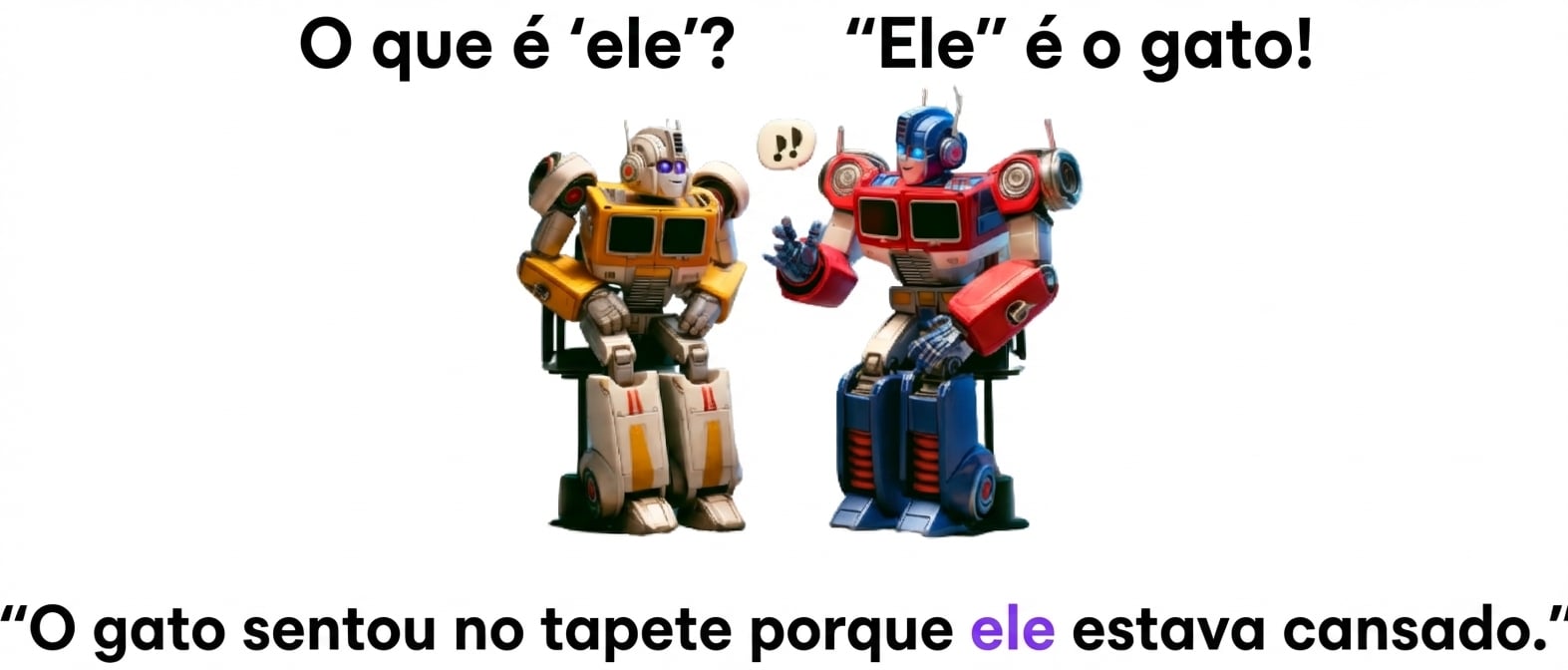 A imagem mostra dois robôs coloridos sentados lado a lado; o da direita faz um gesto de fala.