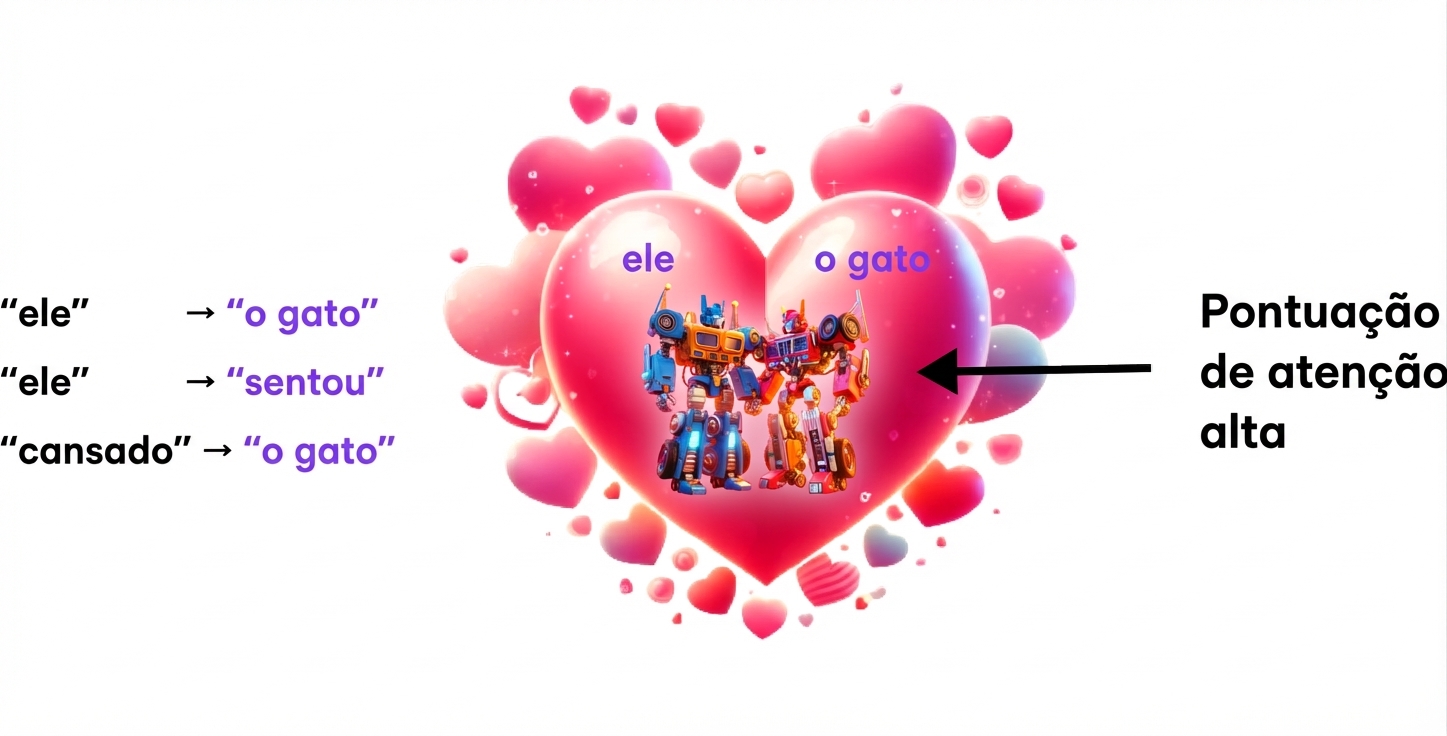 A imagem mostra dois robôs coloridos dentro de um grande coração rosa com corações menores ao redor. O robô da esquerda está marcado como "it" e o da direita como "the cat". À esquerda do coração, três trechos de texto aparecem verticalmente: "the cat", "sat" e "the cat", todos em azul