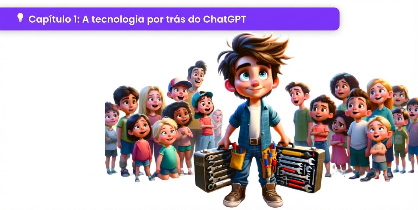 Ilustração de uma pessoa segurando ferramentas, cercada por admiradores