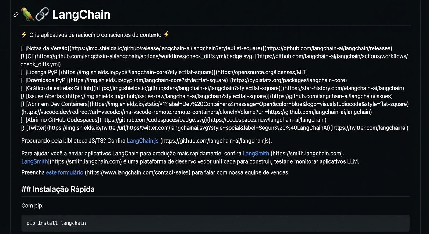 O markdown bruto usado para criar o arquivo README no repositório do LangChain no GitHub.