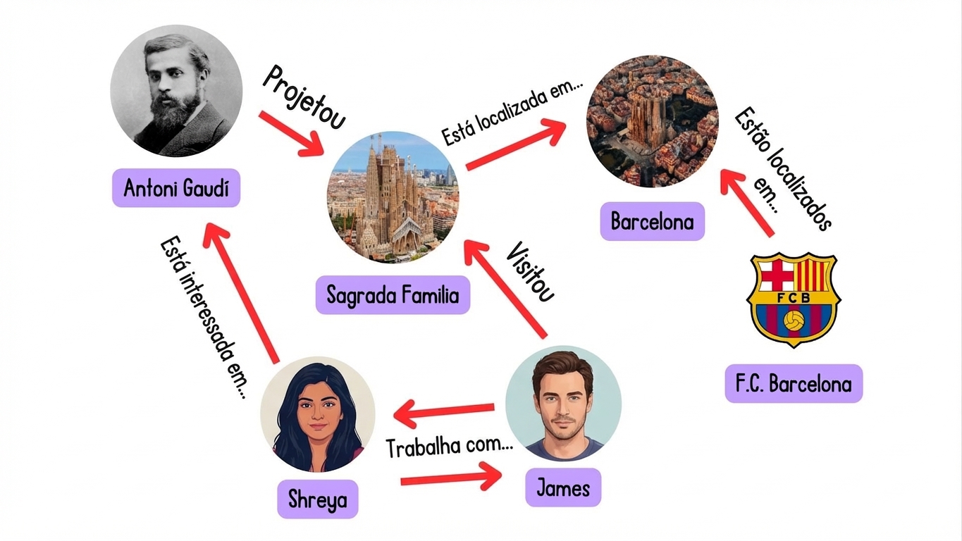 Um grafo mostrando conexões entre pessoas, lugares e interesses.