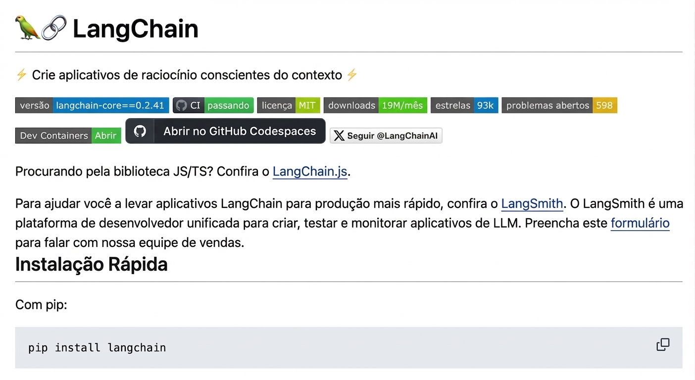 Markdown renderizado do arquivo README.md do repositório do LangChain no GitHub.