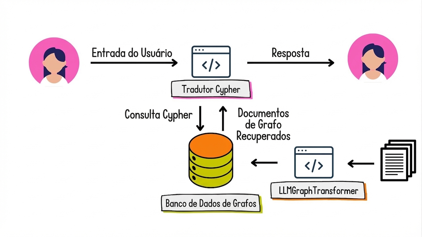 Um tradutor de linguagem natural para Cypher converte a entrada em linguagem natural em uma consulta Cypher e os documentos de grafo recuperados de volta em linguagem natural.