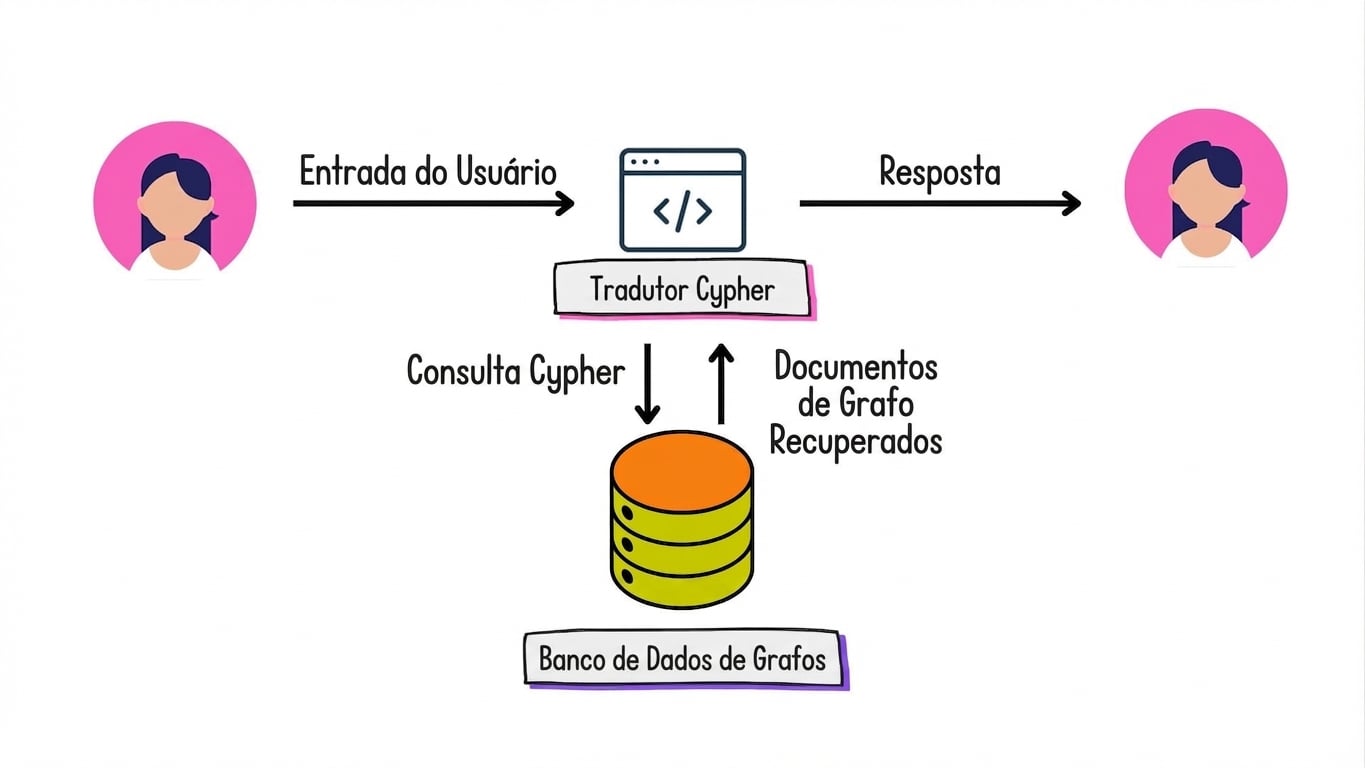 A arquitetura Graph RAG traduz entradas do usuário em consultas Cypher e retorna uma resposta em linguagem natural.