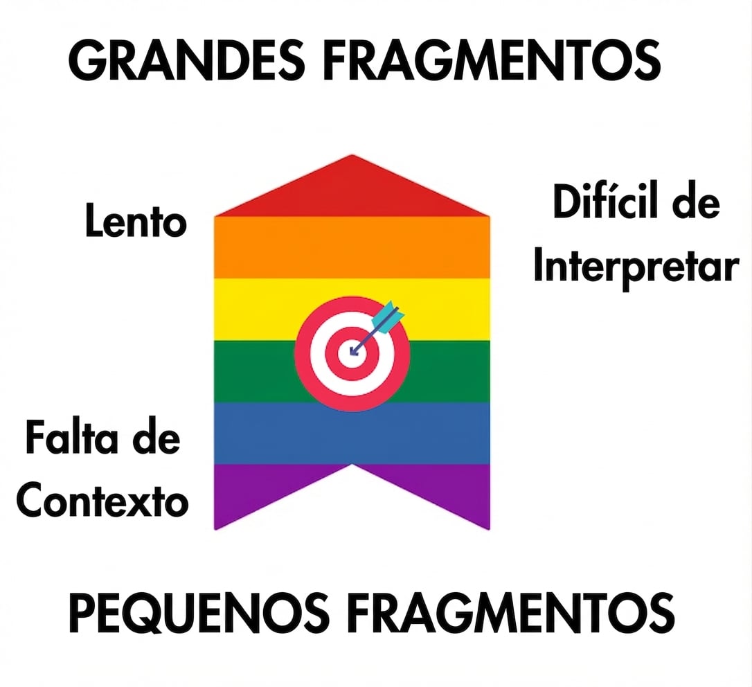 Uma seta mostra que o tamanho ideal do chunk fica no meio; chunks grandes têm busca lenta e difícil interpretação, e pequenos têm pouco contexto.