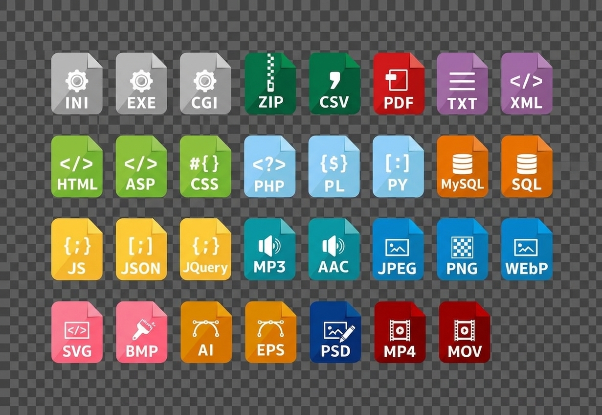 Uma seleção de diferentes formatos de arquivo.