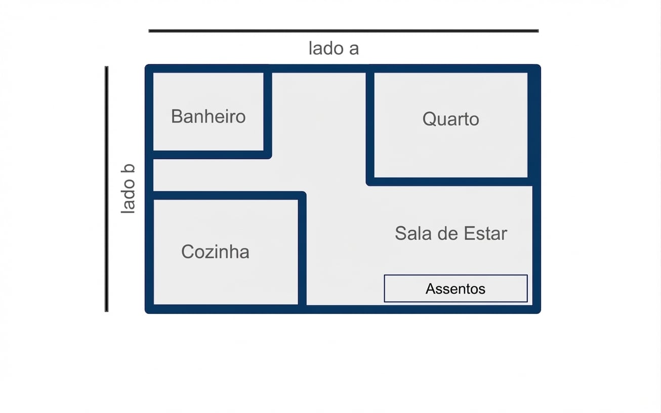 Planta retangular de um estúdio com comprimento e largura marcados como "lado a" e "lado b".