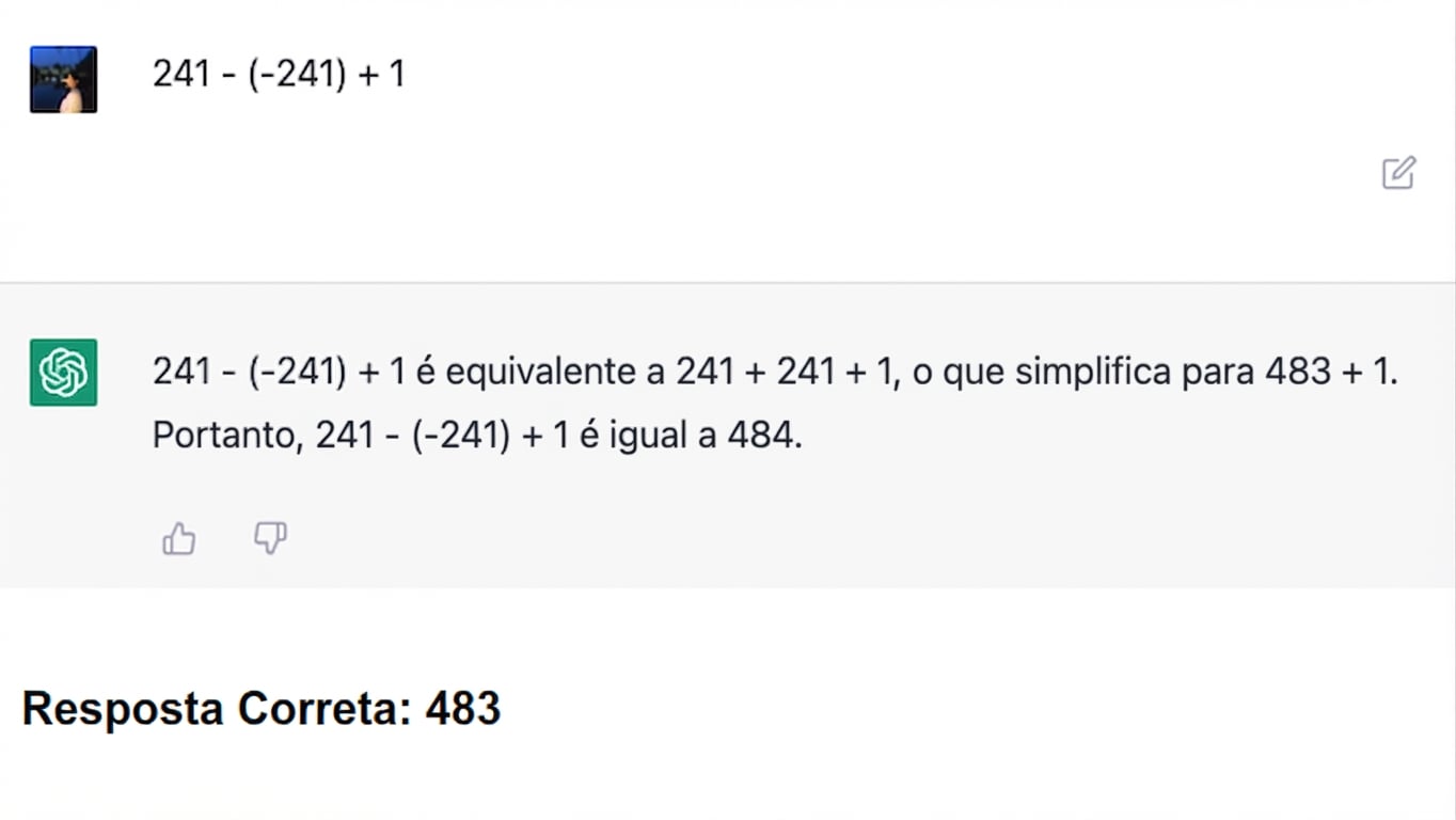 Captura de tela de uma resposta matemática incorreta de uma conversa anterior do ChatGPT. Resposta correta "483" adicionada na parte inferior da imagem.