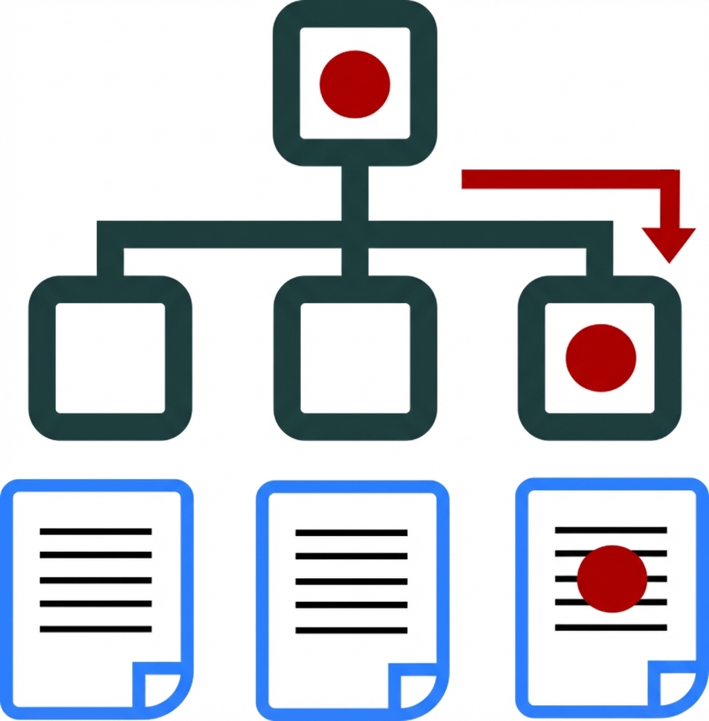 Diagrama de um fluxograma com três ícones de documento abaixo representando o resultado de "arestas".