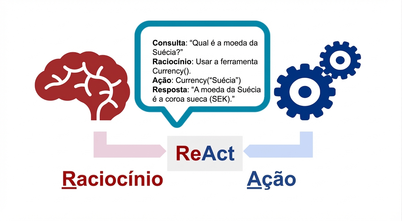 Diagrama de um cérebro e engrenagens com um balão de fala representando os componentes de um agente ReAct, com o rótulo ReAct abaixo.