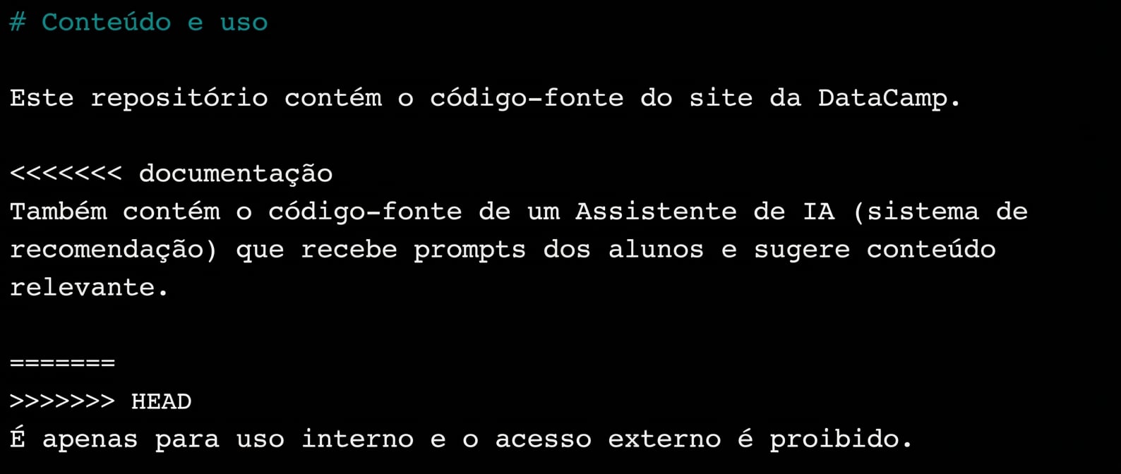 arquivo README mostrando seções de conflito no nano