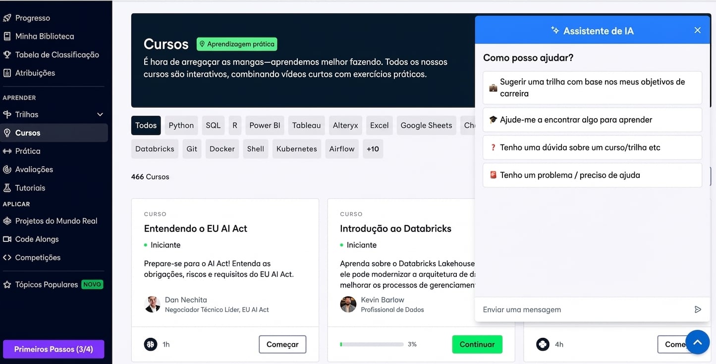 Página de Cursos da DataCamp com o Assistente de IA