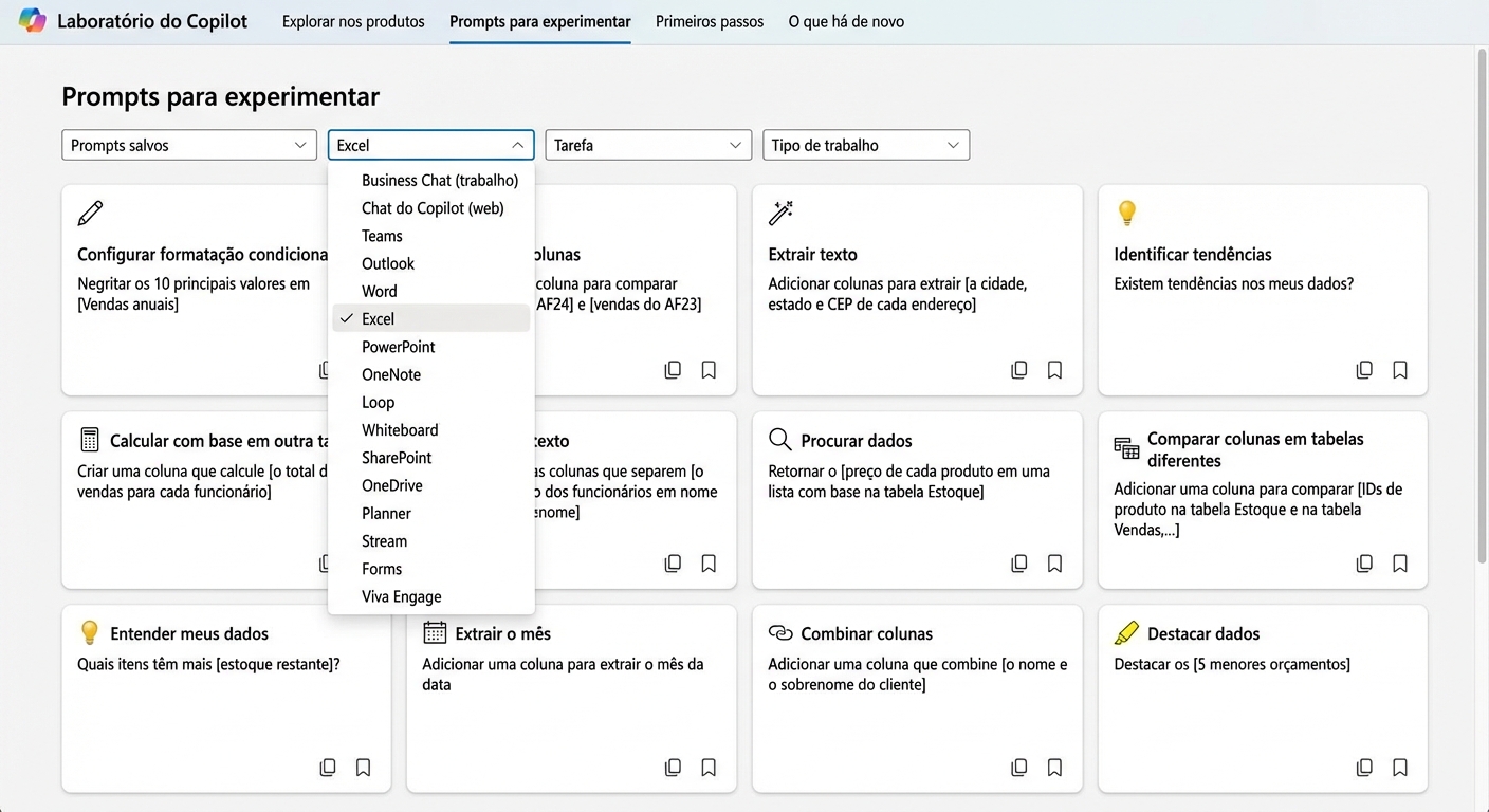 Uma série de prompts sugeridos do Copilot Lab, com um filtro suspenso.