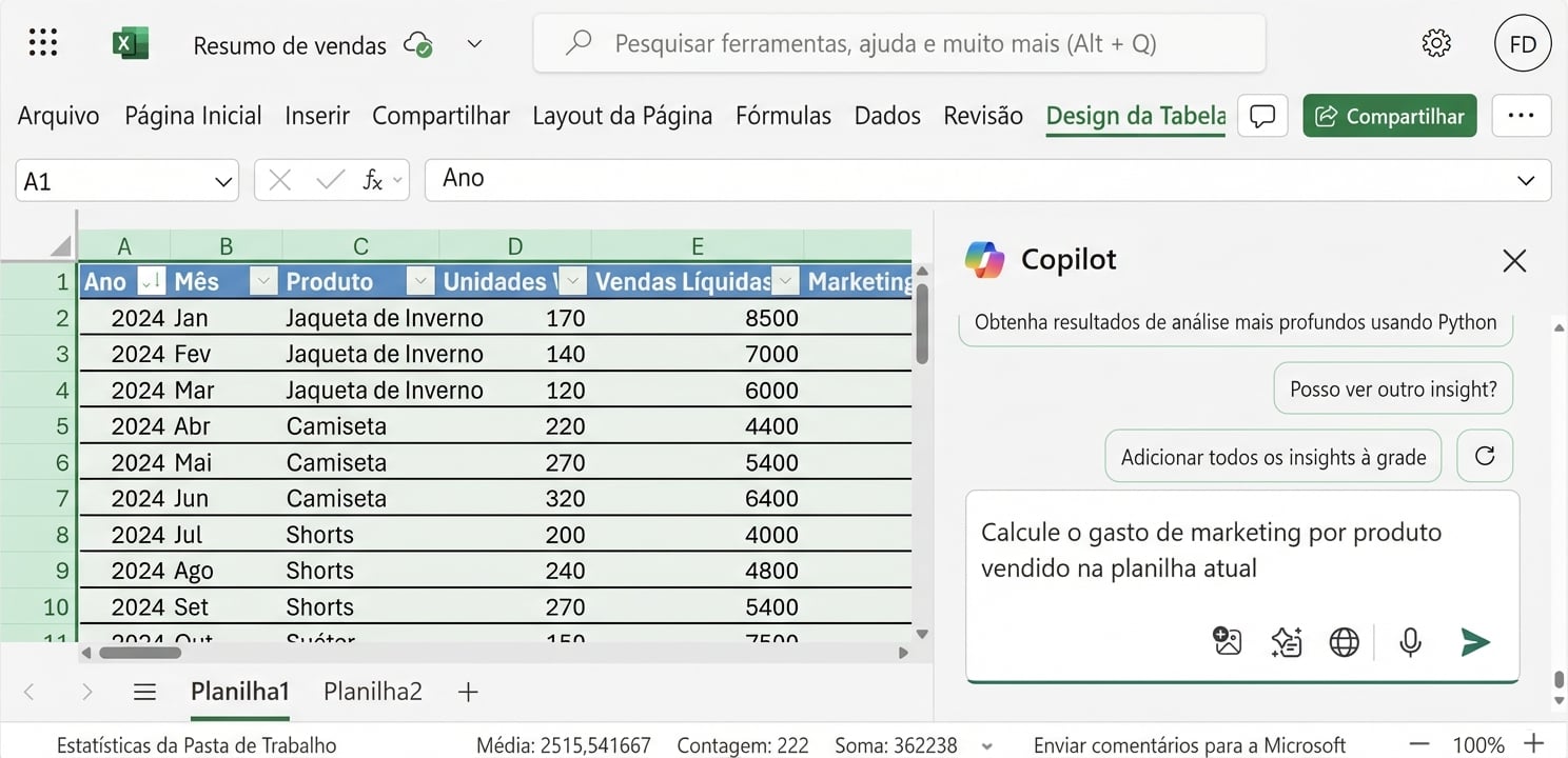 Um documento Excel aberto mostrando dados de produtos de vestuário e um chat do Copilot aberto ao lado com um prompt de usuário pedindo para calcular o gasto médio de marketing por produto na planilha atual