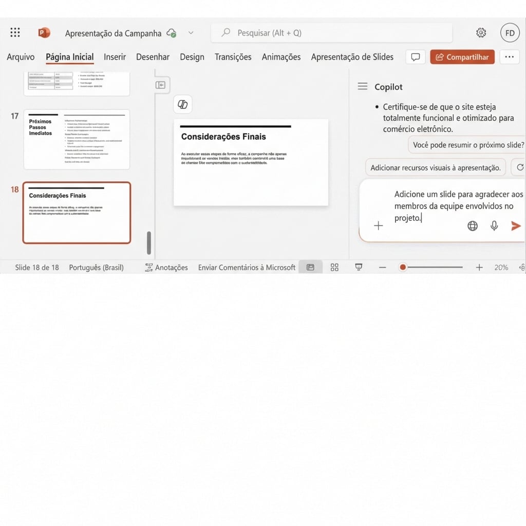 Slide do PowerPoint com o chat do Copilot aberto, mostrando a conversa com um usuário pedindo para adicionar outro slide.