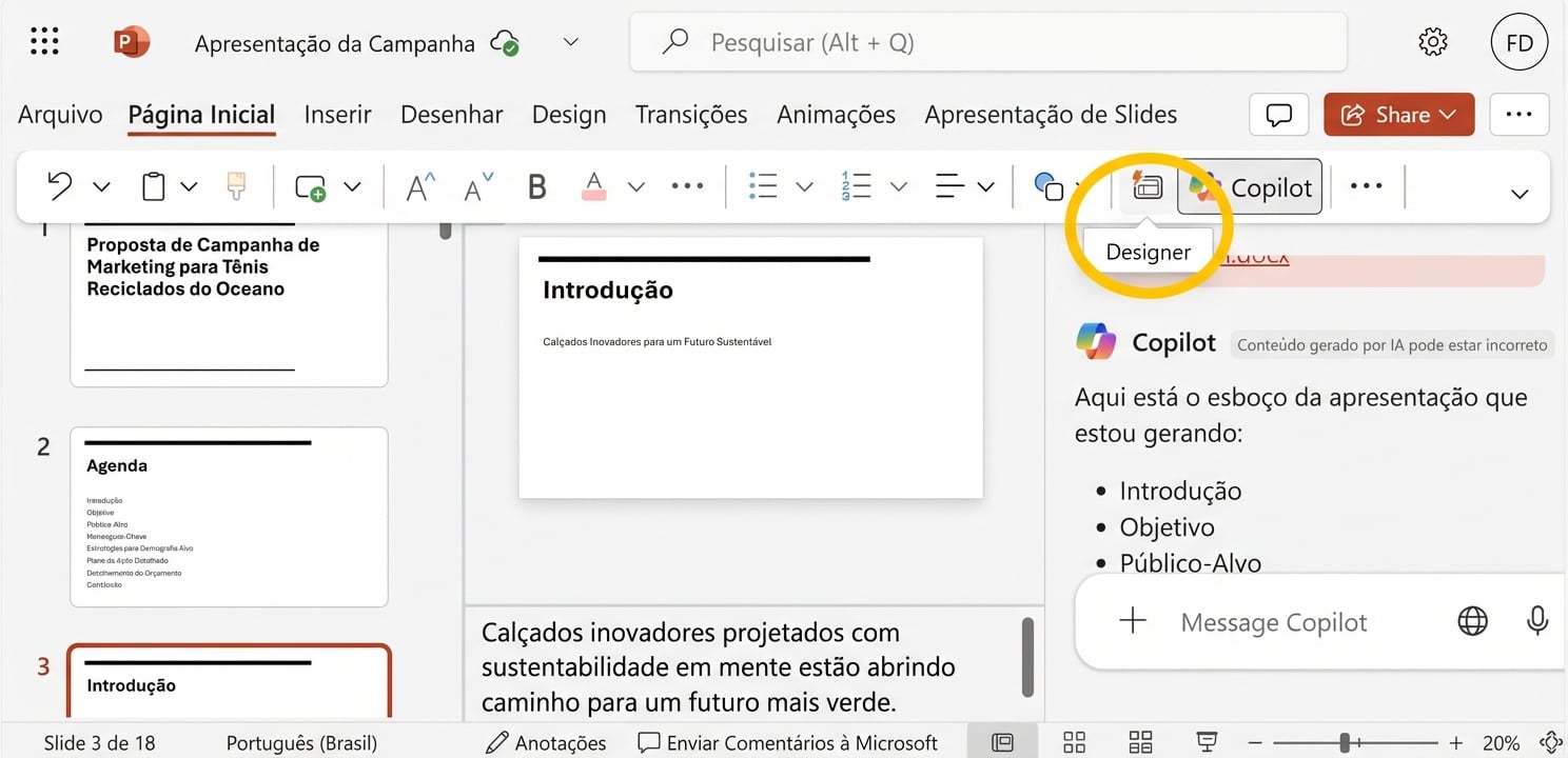 Captura de tela de apresentação em PowerPoint, com o Designer destacado