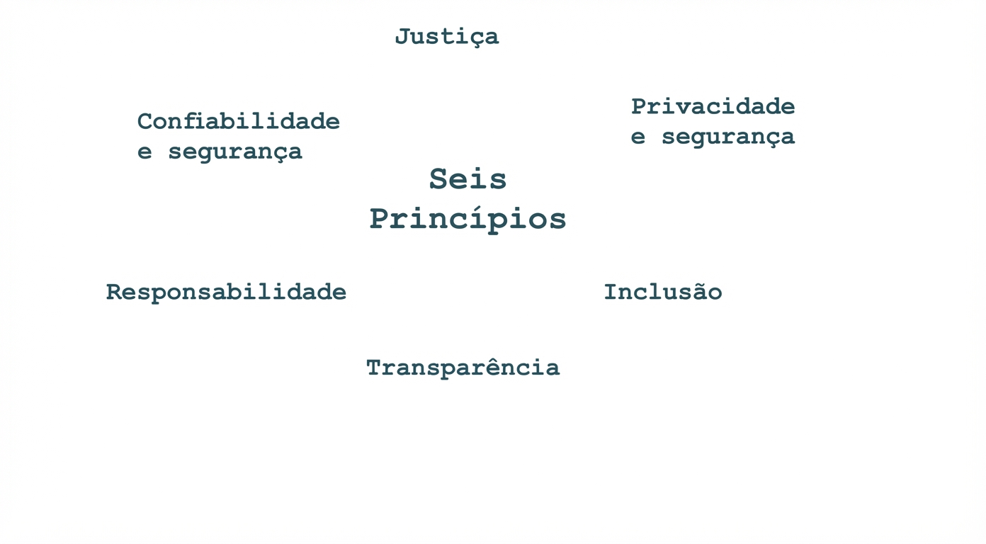 Um texto que diz “seis princípios”, cercado pelos termos que indicam esses princípios: justiça, privacidade e segurança, confiabilidade e proteção, responsabilidade, inclusão e transparência.
