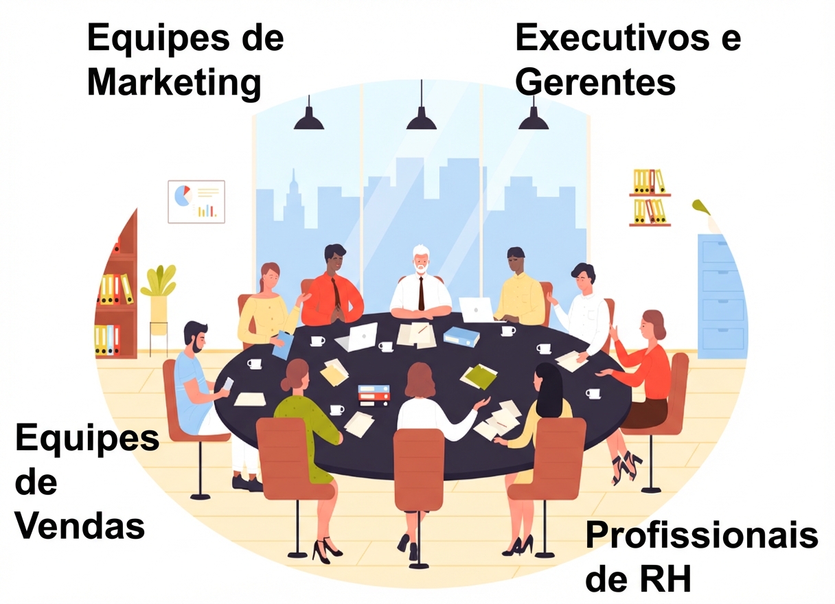 Ilustração de um grupo diversificado de profissionais, incluindo profissionais de marketing, vendas, RH e executivos, sentados em torno de uma grande mesa de conferência em uma sala de reuniões.